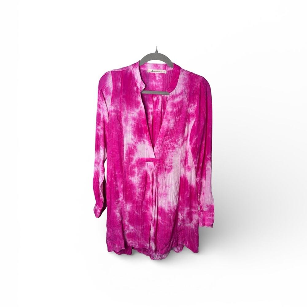 The Impeccable Pig Pink White Tie Dye V Neck Long Sleeve Tunic Small